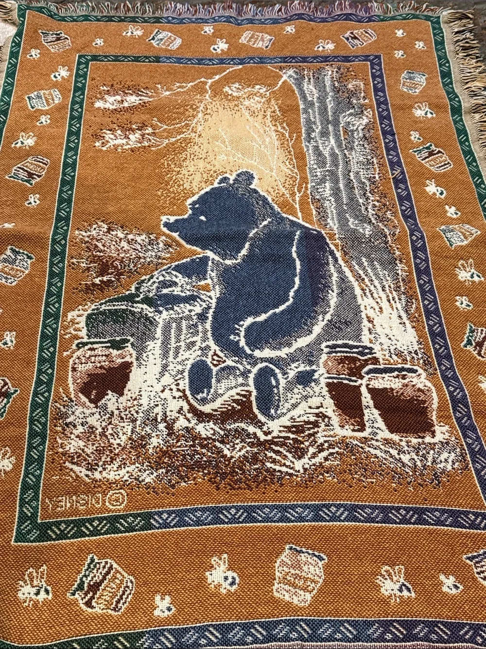 Disney Winnie the Pooh Beige, Brown, Green Tapestry Throw 3.25 x 4.25